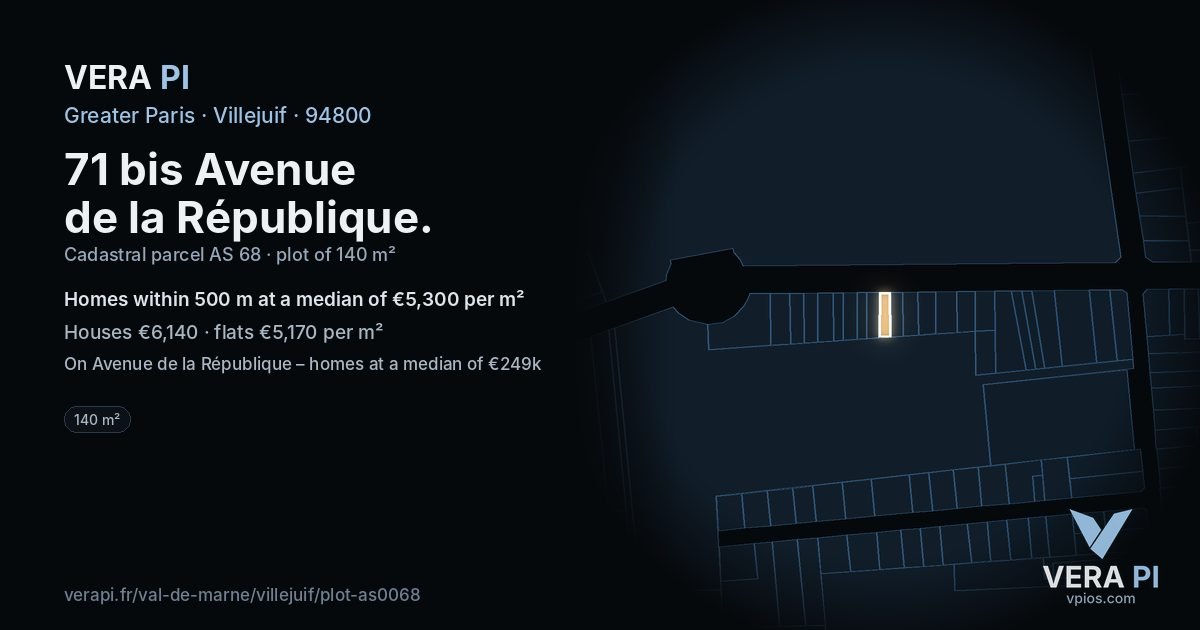 71 bis Avenue de la République, Villejuif at night – the plot lit, the parcels around coloured by the prices near them