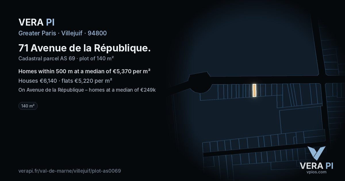 71 Avenue de la République, Villejuif at night – the plot lit, the parcels around coloured by the prices near them
