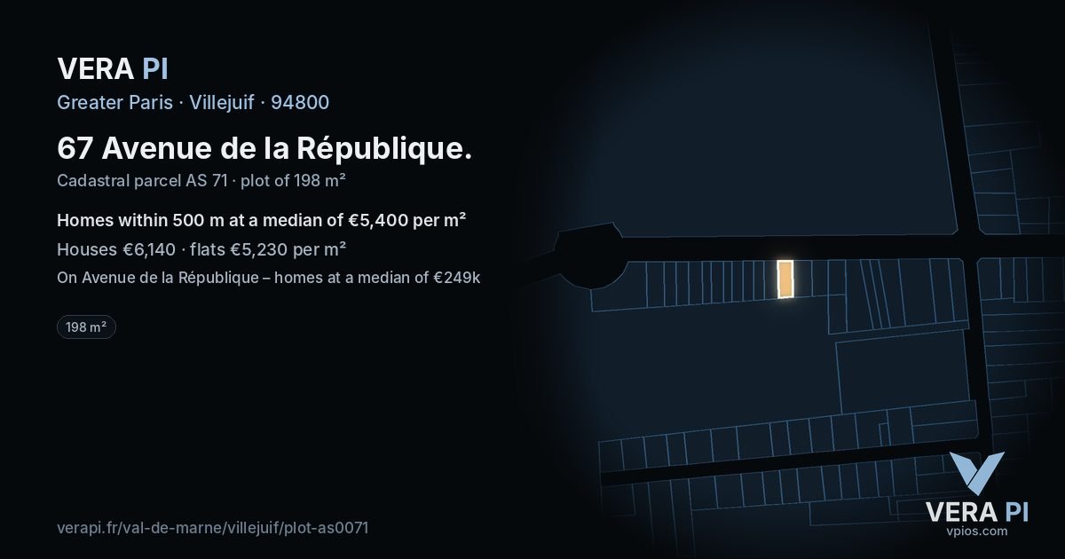 67 Avenue de la République, Villejuif at night – the plot lit, the parcels around coloured by the prices near them
