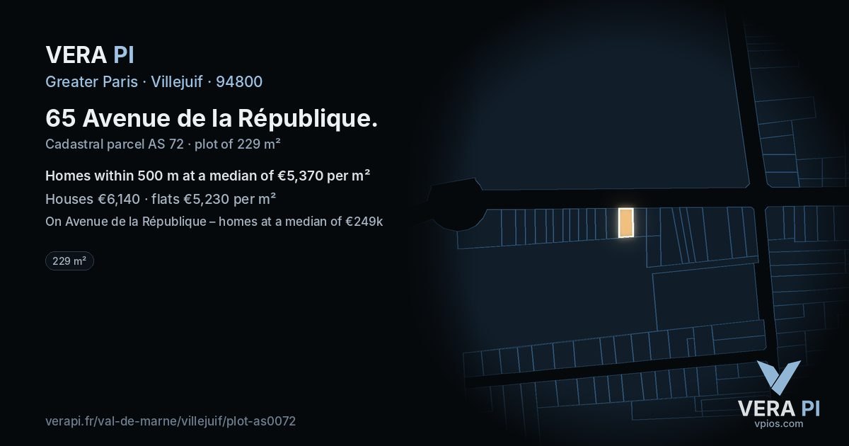 65 Avenue de la République, Villejuif at night – the plot lit, the parcels around coloured by the prices near them