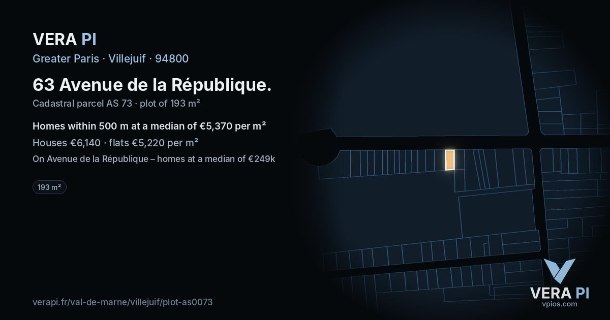 63 Avenue de la République, Villejuif at night – the plot lit, the parcels around coloured by the prices near them