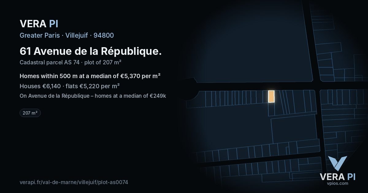 61 Avenue de la République, Villejuif at night – the plot lit, the parcels around coloured by the prices near them
