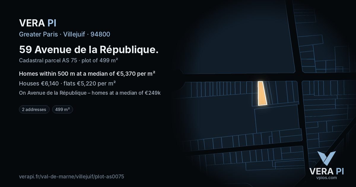 59 Avenue de la République, Villejuif at night – the plot lit, the parcels around coloured by the prices near them