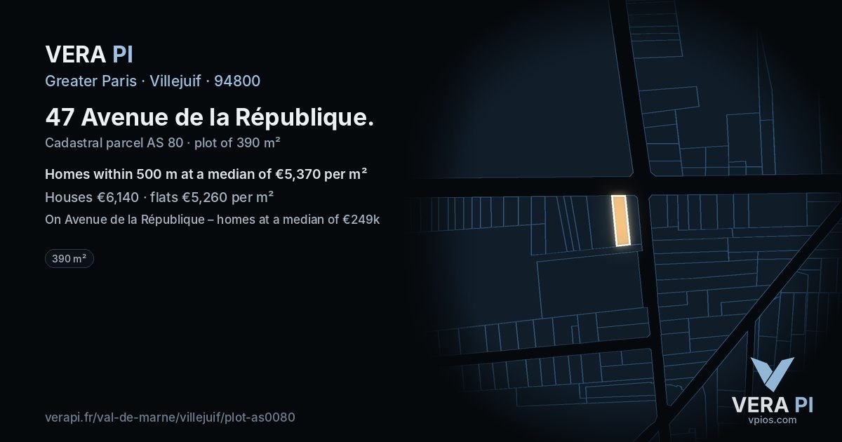 47 Avenue de la République, Villejuif at night – the plot lit, the parcels around coloured by the prices near them