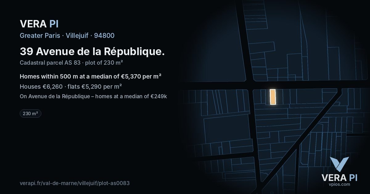 39 Avenue de la République, Villejuif at night – the plot lit, the parcels around coloured by the prices near them