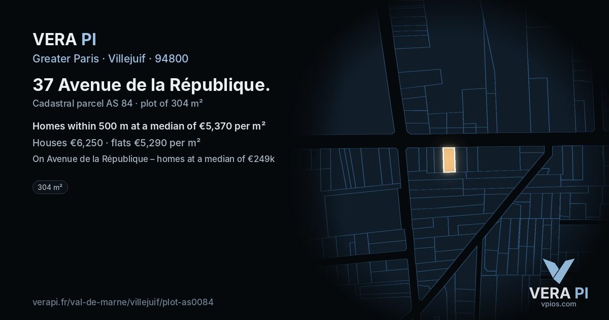 37 Avenue de la République, Villejuif at night – the plot lit, the parcels around coloured by the prices near them
