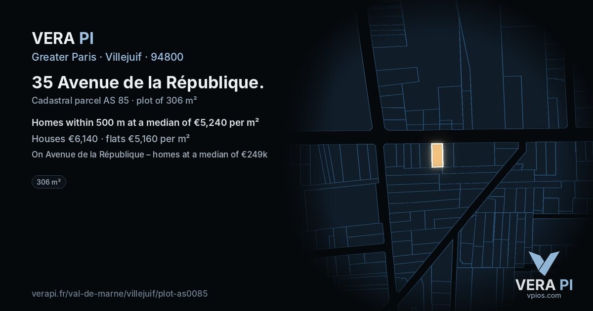35 Avenue de la République, Villejuif at night – the plot lit, the parcels around coloured by the prices near them