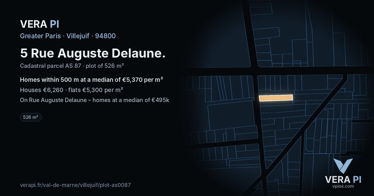 5 Rue Auguste Delaune, Villejuif at night – the plot lit, the parcels around coloured by the prices near them