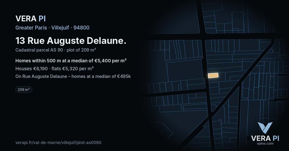 13 Rue Auguste Delaune, Villejuif at night – the plot lit, the parcels around coloured by the prices near them