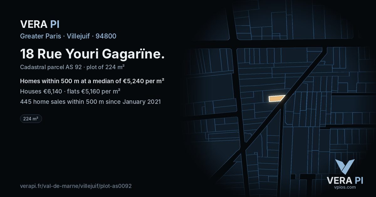18 Rue Youri Gagarïne, Villejuif at night – the plot lit, the parcels around coloured by the prices near them