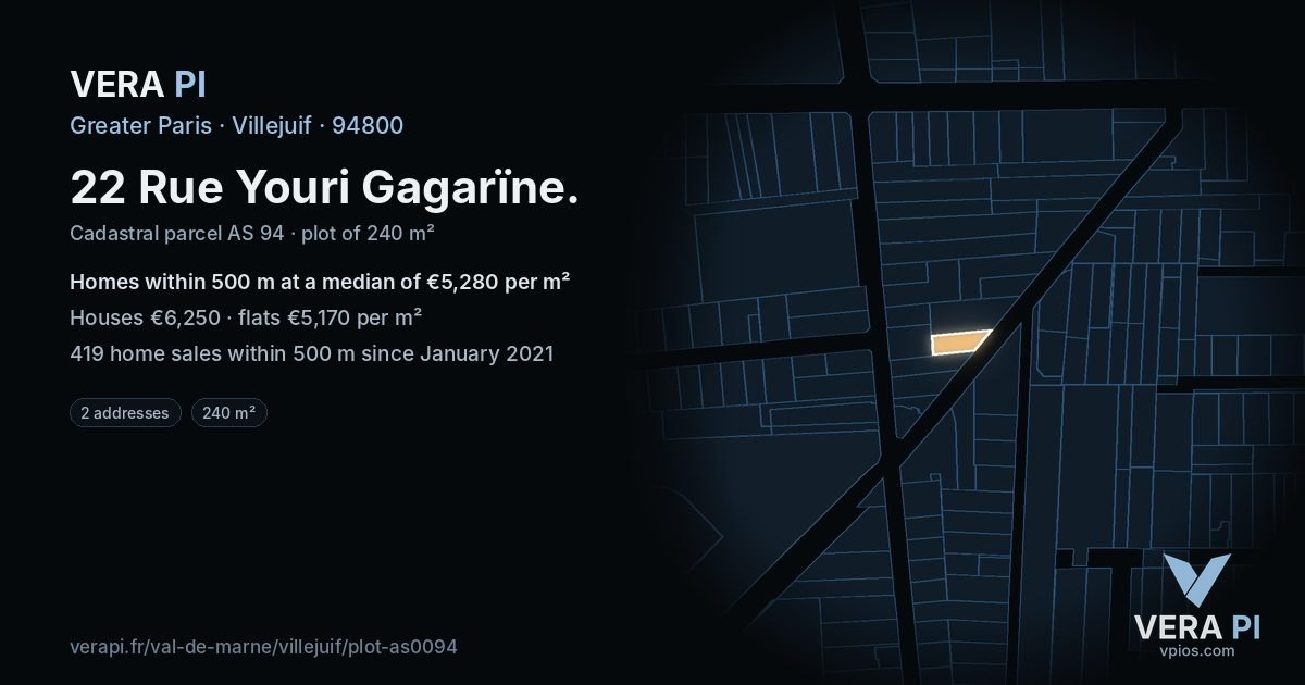 22 Rue Youri Gagarïne, Villejuif at night – the plot lit, the parcels around coloured by the prices near them
