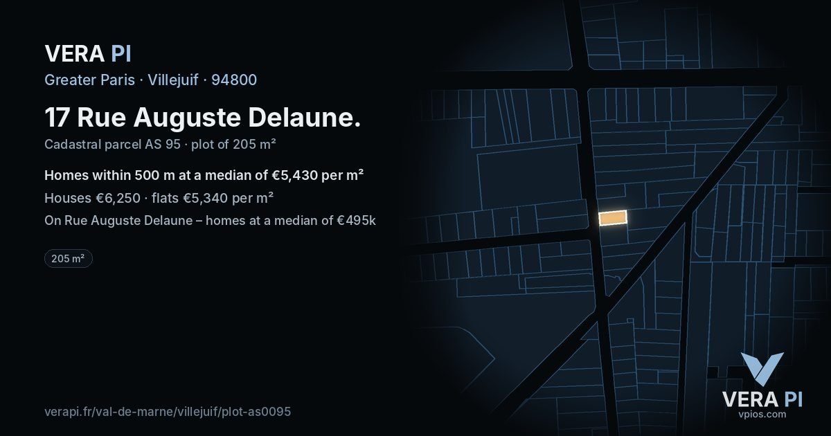 17 Rue Auguste Delaune, Villejuif at night – the plot lit, the parcels around coloured by the prices near them