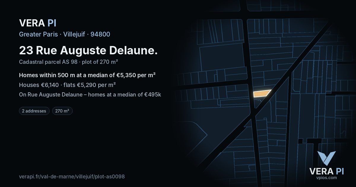 23 Rue Auguste Delaune, Villejuif at night – the plot lit, the parcels around coloured by the prices near them