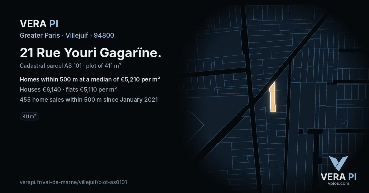 21 Rue Youri Gagarïne, Villejuif at night – the plot lit, the parcels around coloured by the prices near them