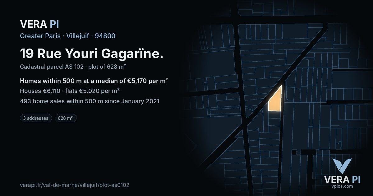 19 Rue Youri Gagarïne, Villejuif at night – the plot lit, the parcels around coloured by the prices near them