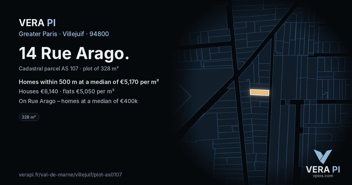 14 Rue Arago, Villejuif at night – the plot lit, the parcels around coloured by the prices near them