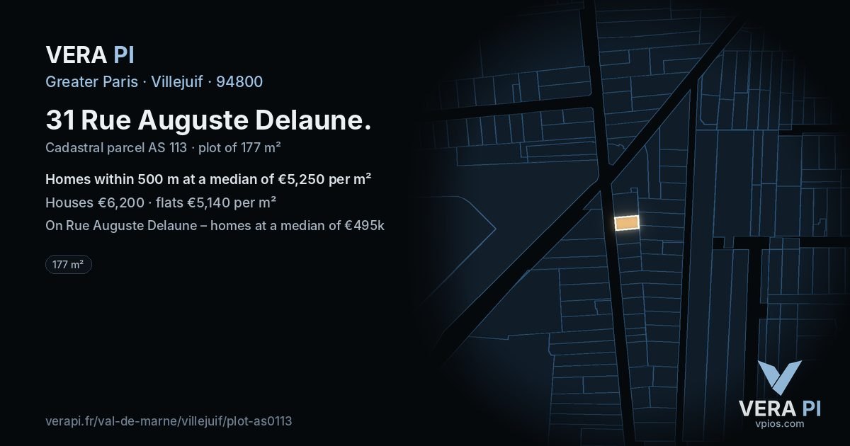31 Rue Auguste Delaune, Villejuif at night – the plot lit, the parcels around coloured by the prices near them