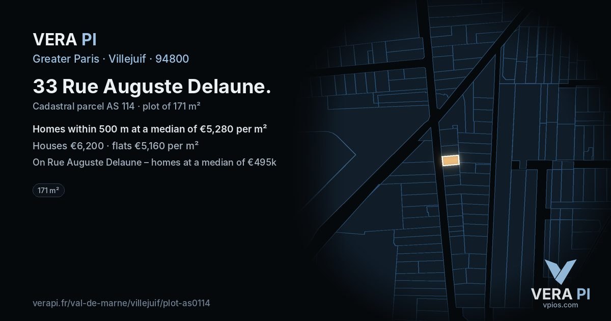33 Rue Auguste Delaune, Villejuif at night – the plot lit, the parcels around coloured by the prices near them