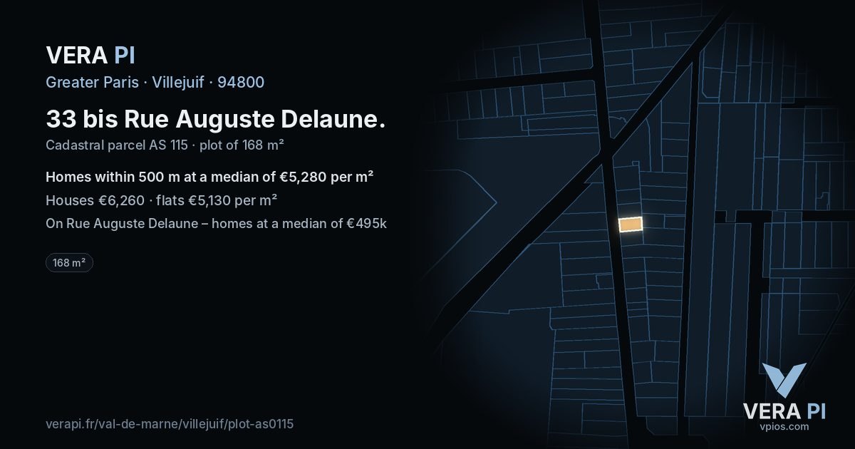 33 bis Rue Auguste Delaune, Villejuif at night – the plot lit, the parcels around coloured by the prices near them