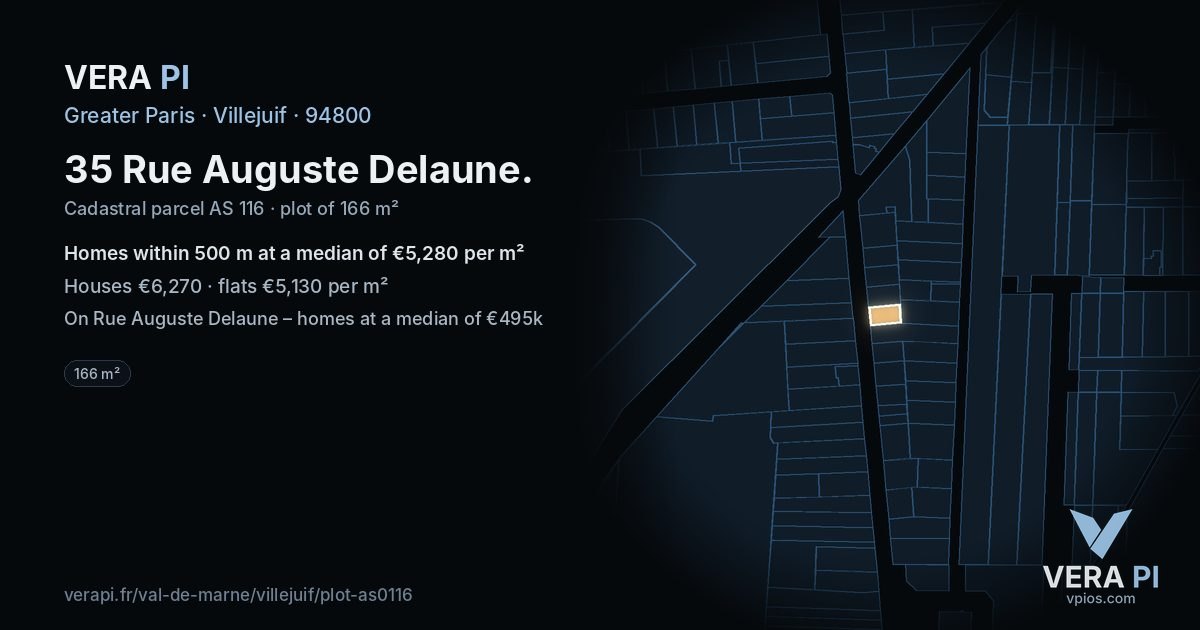 35 Rue Auguste Delaune, Villejuif at night – the plot lit, the parcels around coloured by the prices near them