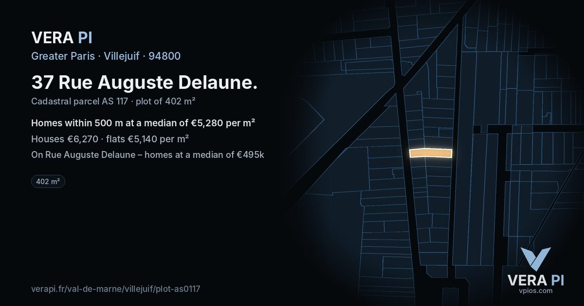 37 Rue Auguste Delaune, Villejuif at night – the plot lit, the parcels around coloured by the prices near them