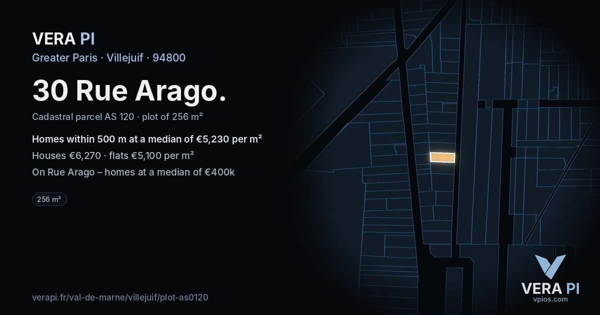 30 Rue Arago, Villejuif at night – the plot lit, the parcels around coloured by the prices near them