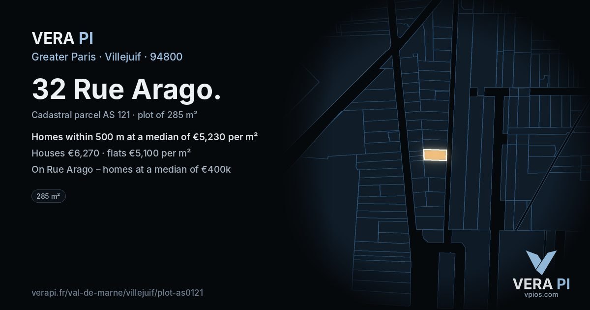 32 Rue Arago, Villejuif at night – the plot lit, the parcels around coloured by the prices near them