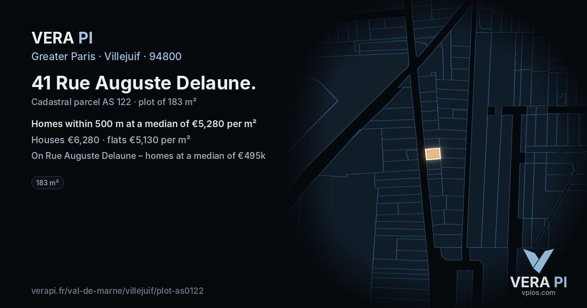 41 Rue Auguste Delaune, Villejuif at night – the plot lit, the parcels around coloured by the prices near them