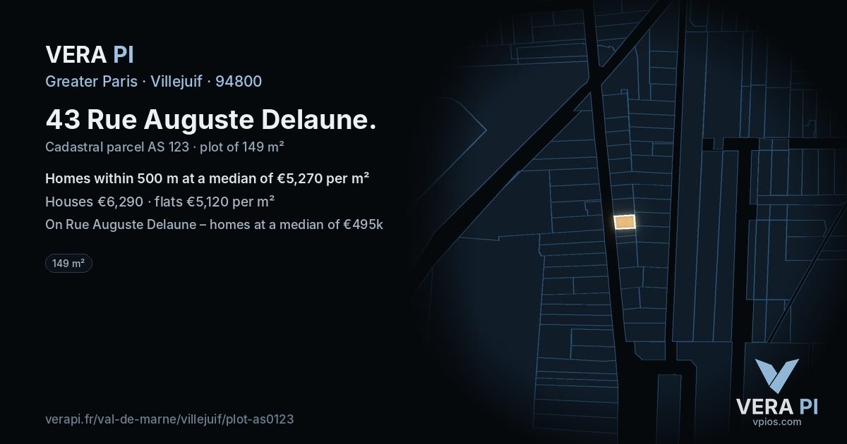 43 Rue Auguste Delaune, Villejuif at night – the plot lit, the parcels around coloured by the prices near them
