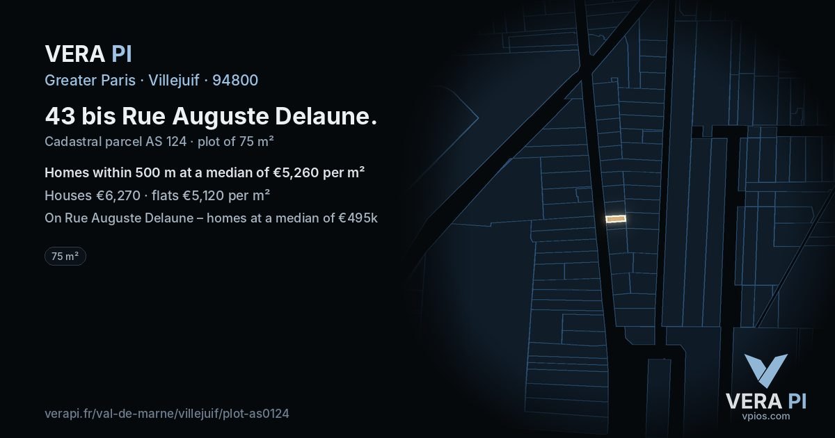 43 bis Rue Auguste Delaune, Villejuif at night – the plot lit, the parcels around coloured by the prices near them