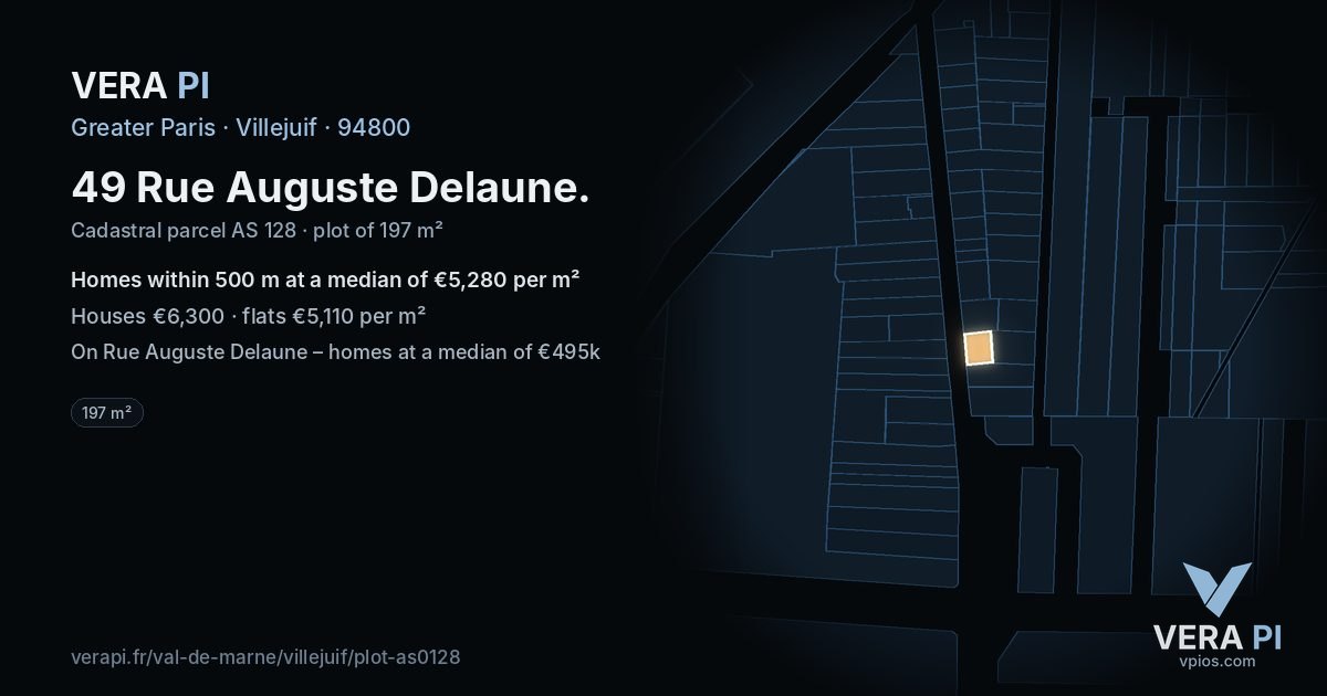 49 Rue Auguste Delaune, Villejuif at night – the plot lit, the parcels around coloured by the prices near them