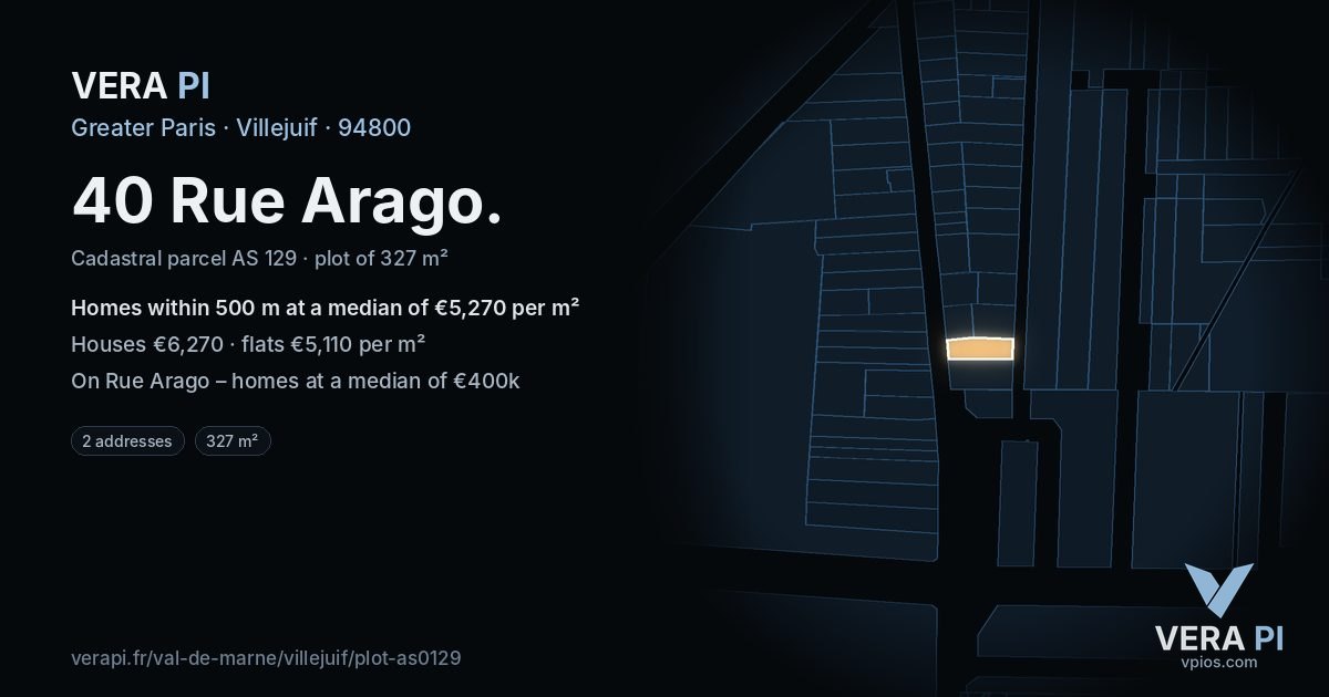 40 Rue Arago, Villejuif at night – the plot lit, the parcels around coloured by the prices near them