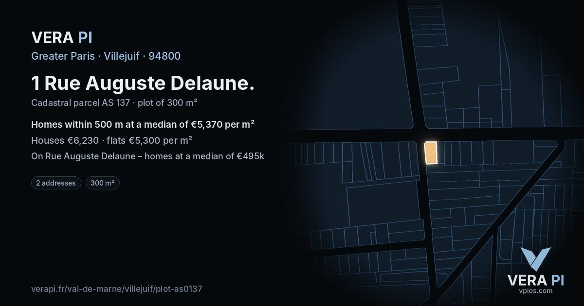 1 Rue Auguste Delaune, Villejuif at night – the plot lit, the parcels around coloured by the prices near them
