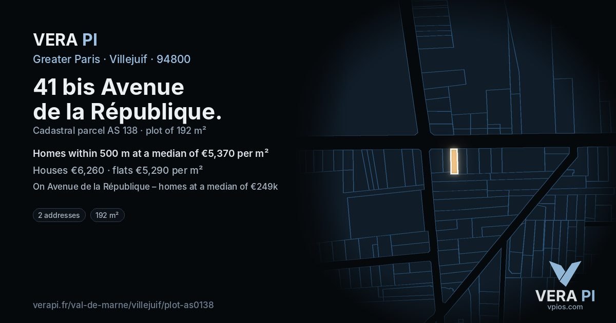 41 bis Avenue de la République, Villejuif at night – the plot lit, the parcels around coloured by the prices near them