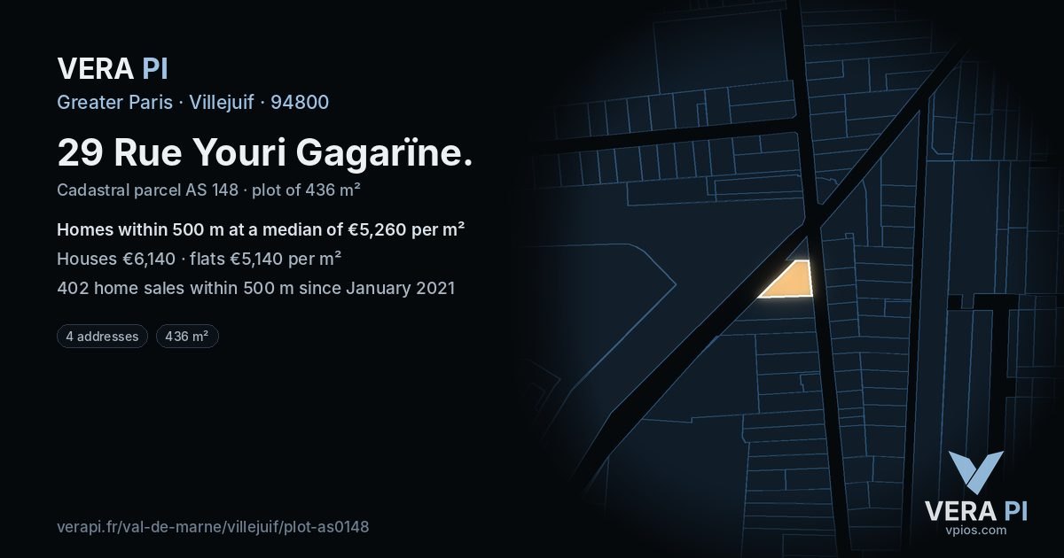 29 Rue Youri Gagarïne, Villejuif at night – the plot lit, the parcels around coloured by the prices near them