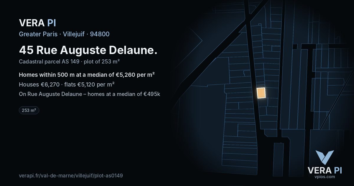 45 Rue Auguste Delaune, Villejuif at night – the plot lit, the parcels around coloured by the prices near them