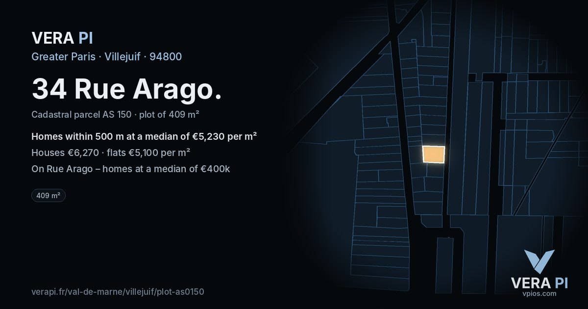 34 Rue Arago, Villejuif at night – the plot lit, the parcels around coloured by the prices near them