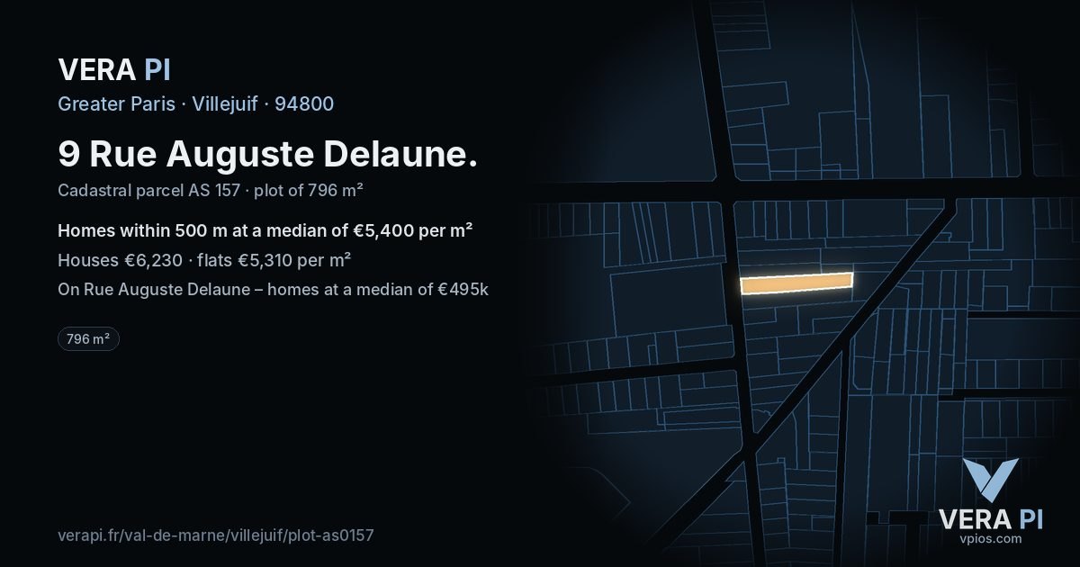 9 Rue Auguste Delaune, Villejuif at night – the plot lit, the parcels around coloured by the prices near them