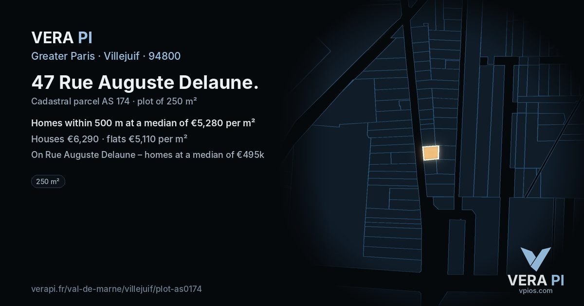 47 Rue Auguste Delaune, Villejuif at night – the plot lit, the parcels around coloured by the prices near them