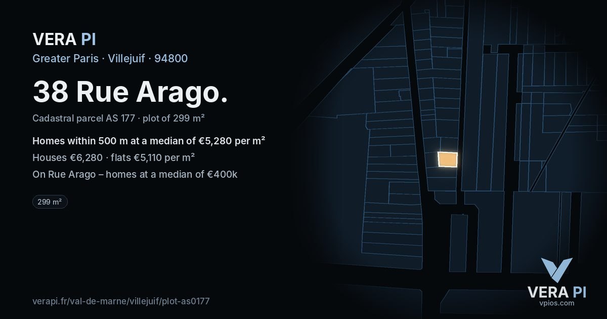 38 Rue Arago, Villejuif at night – the plot lit, the parcels around coloured by the prices near them