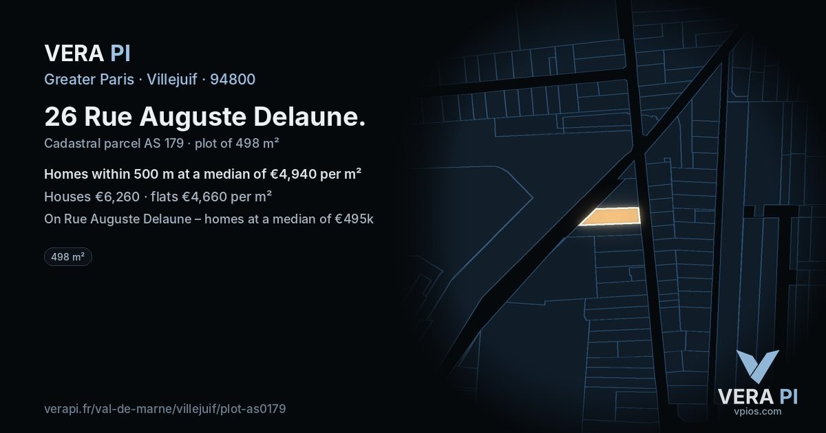 26 Rue Auguste Delaune, Villejuif at night – the plot lit, the parcels around coloured by the prices near them