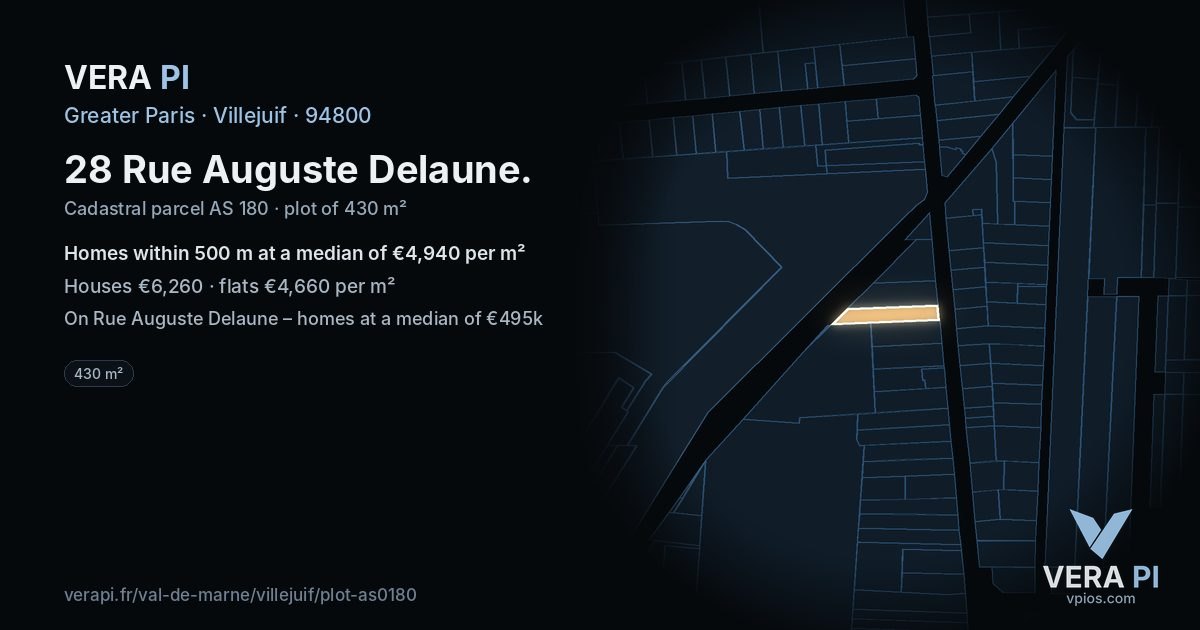28 Rue Auguste Delaune, Villejuif at night – the plot lit, the parcels around coloured by the prices near them