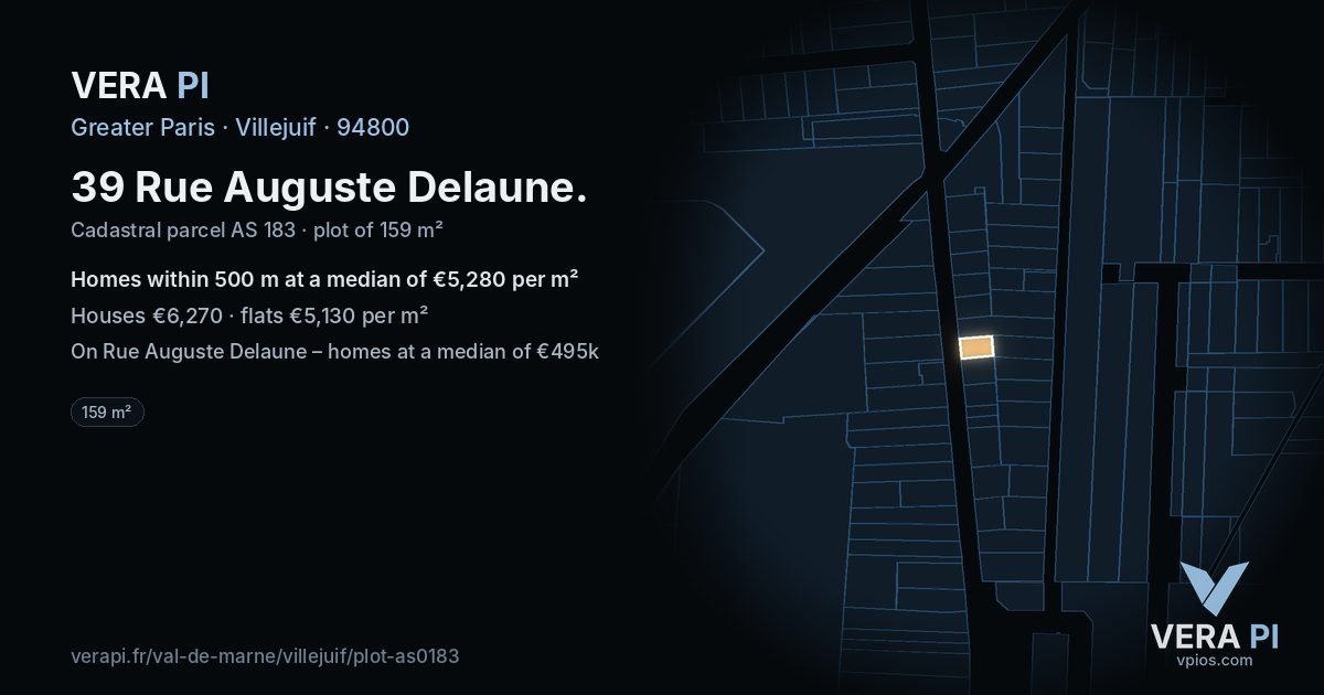 39 Rue Auguste Delaune, Villejuif at night – the plot lit, the parcels around coloured by the prices near them