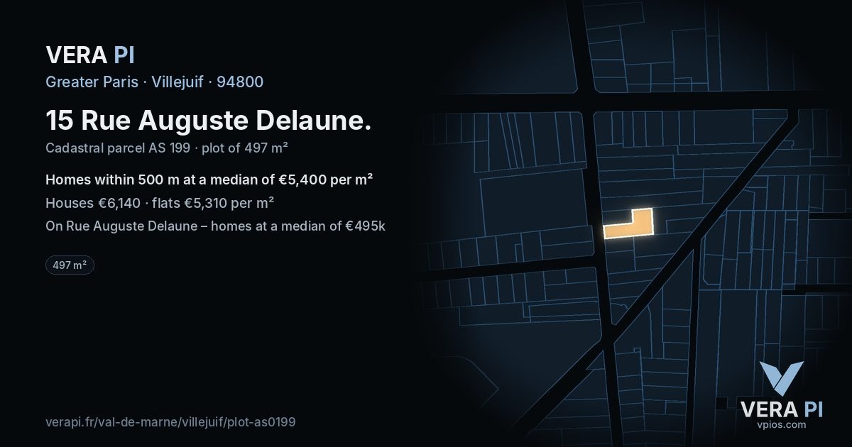 15 Rue Auguste Delaune, Villejuif at night – the plot lit, the parcels around coloured by the prices near them