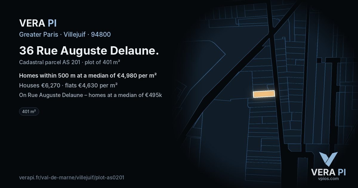 36 Rue Auguste Delaune, Villejuif at night – the plot lit, the parcels around coloured by the prices near them
