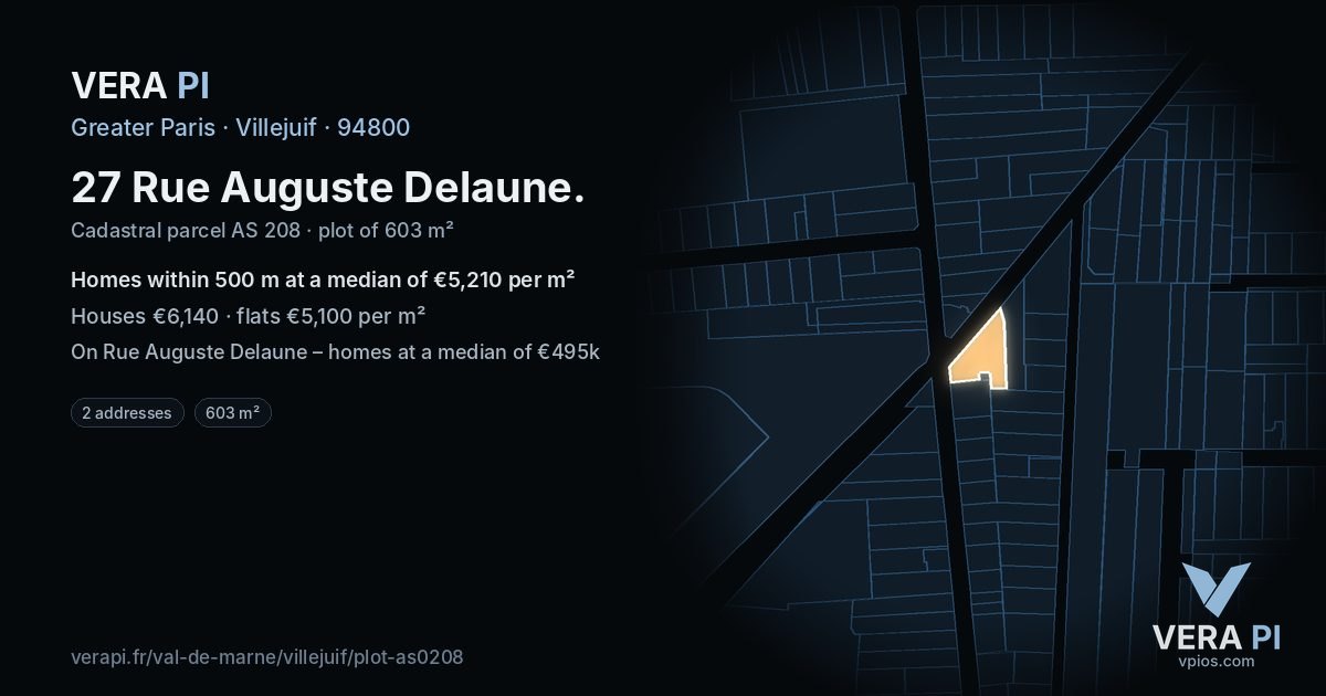 27 Rue Auguste Delaune, Villejuif at night – the plot lit, the parcels around coloured by the prices near them