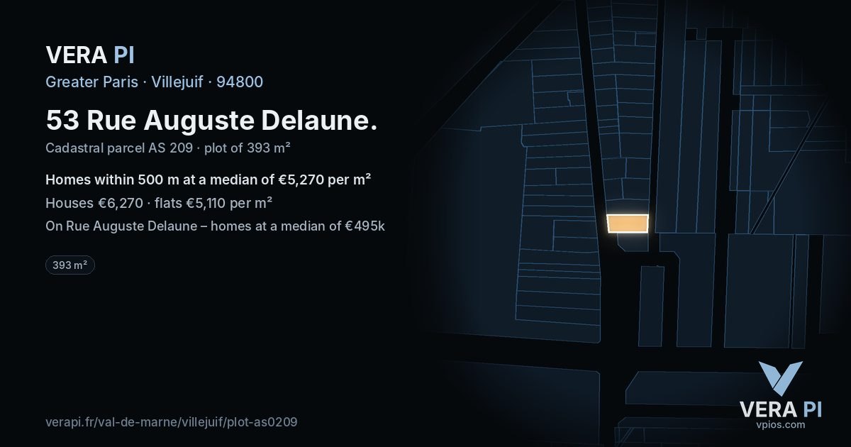 53 Rue Auguste Delaune, Villejuif at night – the plot lit, the parcels around coloured by the prices near them