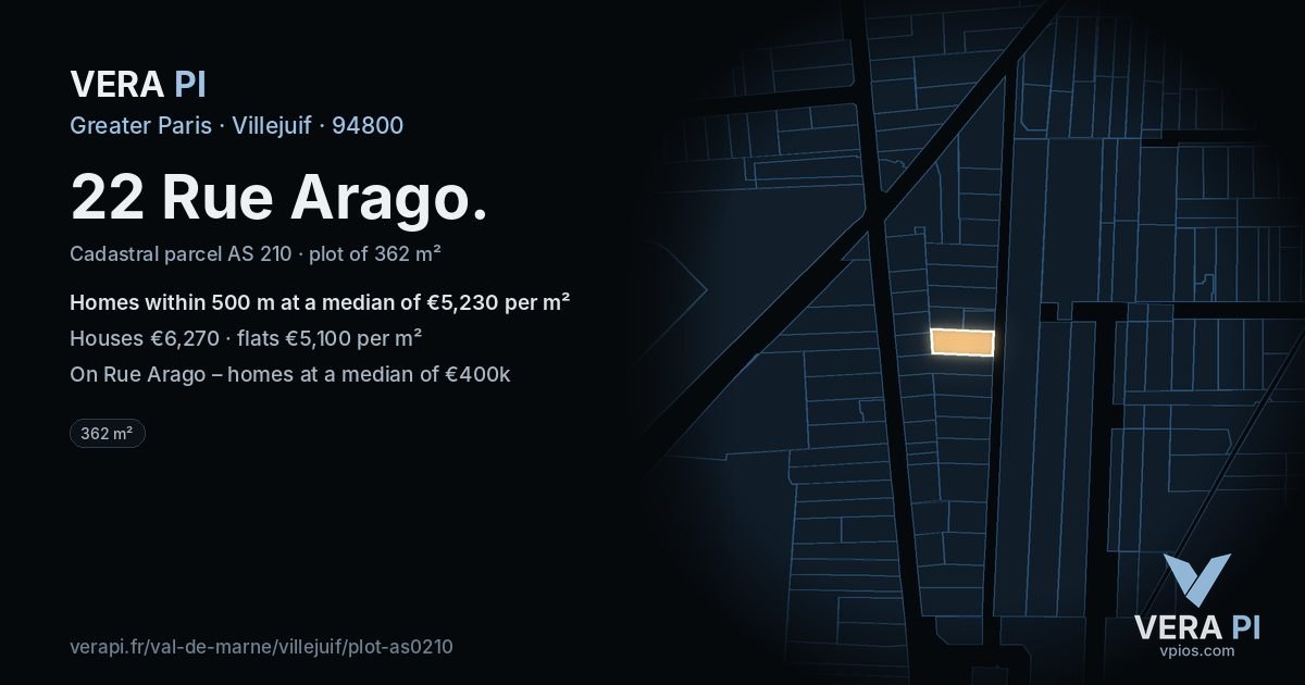 22 Rue Arago, Villejuif at night – the plot lit, the parcels around coloured by the prices near them
