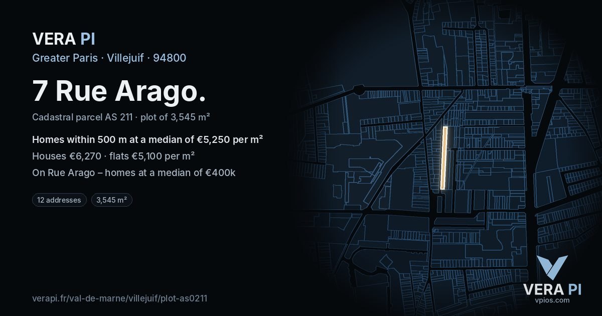 7 Rue Arago, Villejuif at night – the plot lit, the parcels around coloured by the prices near them