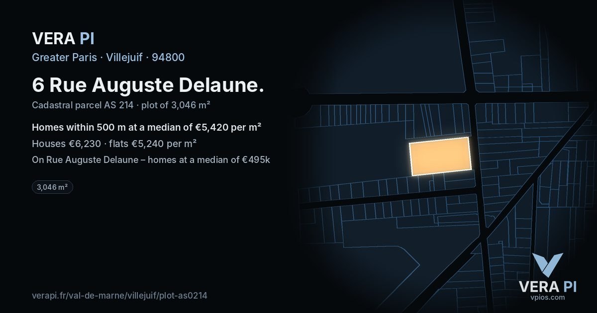 6 Rue Auguste Delaune, Villejuif at night – the plot lit, the parcels around coloured by the prices near them
